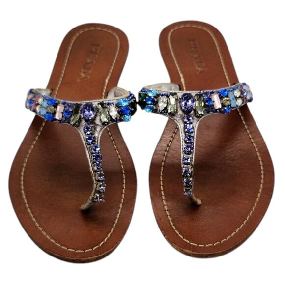 Prada Crystal Embellished Thong Sandal 36.5 Flip Flop Gem Rhinestone Bling - Picture 1 of 9